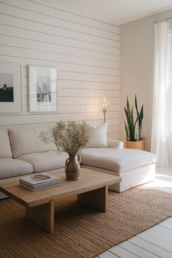 Modern cottage living room with exposed beams, cozy fireplace, and plants.