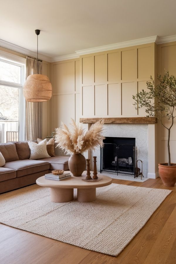 Modern cottage living room with cozy seating and rustic decor accents.