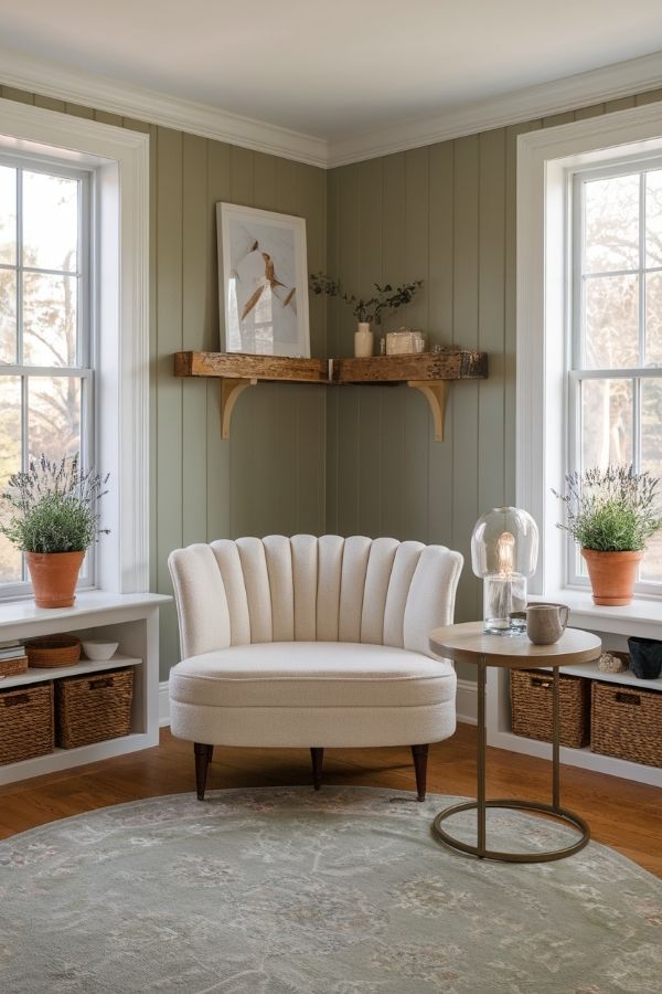 Modern cottage living room with cozy furnishings and rustic accents.