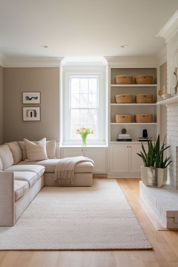 Modern cottage living room with cozy decor, wooden accents, fireplace.