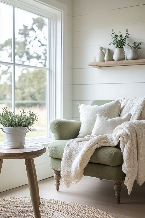 Modern cottage living room; cozy, rustic charm, warm natural tones, inviting atmosphere.