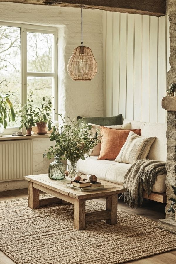 Modern cottage living room with cozy fireplace and rustic decor accents.