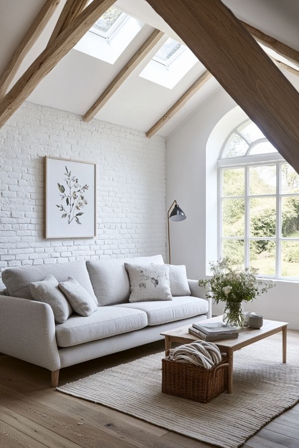 Modern cottage living room with rustic beams, cozy fireplace, and neutral decor.