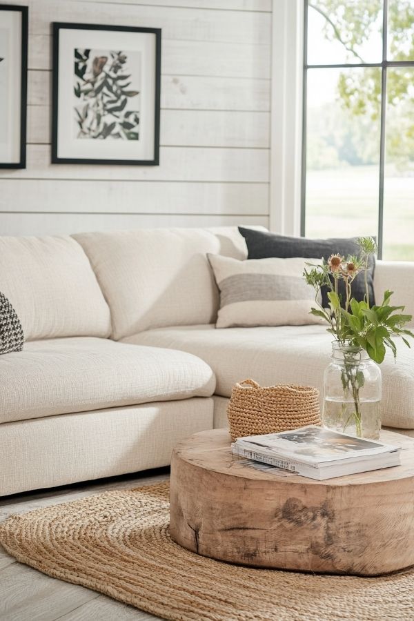 Modern cottage living room with rustic accents and cozy seating area.