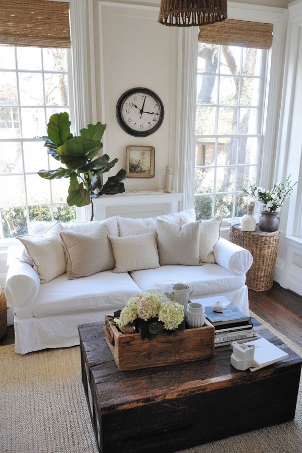 Modern cottage living room with cozy fireplace and natural textures.