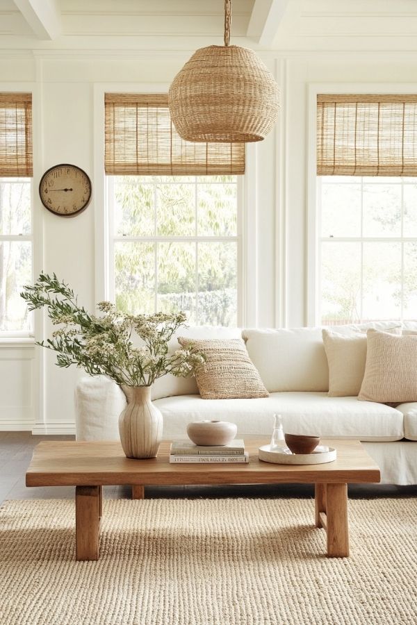 Modern cottage living room with rustic beams and cozy decor.