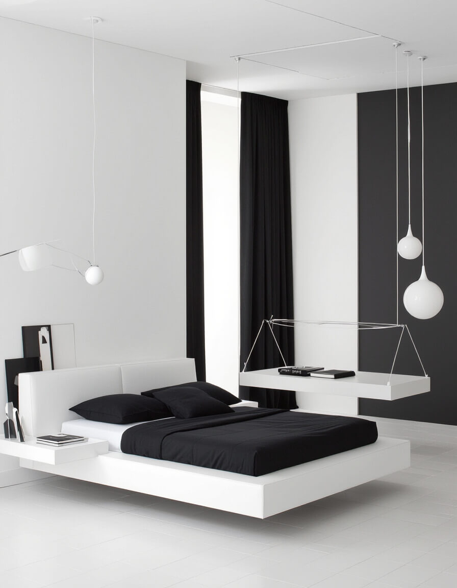Minimalist bedroom featuring wall-mounted white bed platform and floating nightstands against stark walls in monochrome design scheme