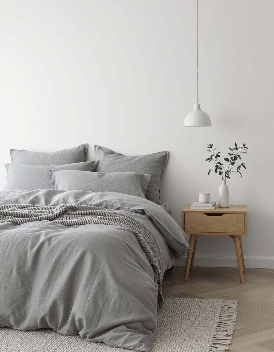 Minimalist bedroom featuring monochromatic layering technique with white walls, cotton bedding, and wooden nightstand creating serene atmosphere