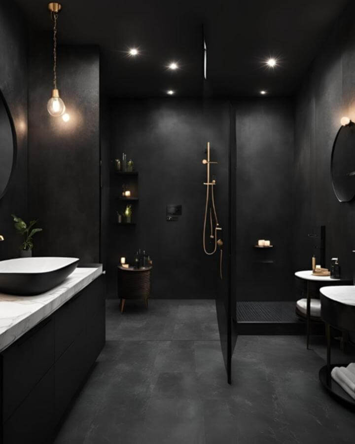 Matte black bathroom with gold fixtures and marble countertops by @scdecorum showing a stylish dark interior design with warm contrasts.