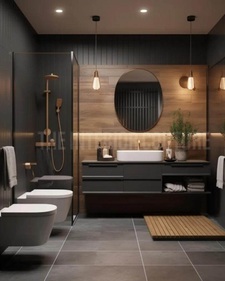 Moody bathroom with dark walls, warm wood paneling, brass fixtures, and sleek black cabinetry by @the_interior_couture creating cozy elegance