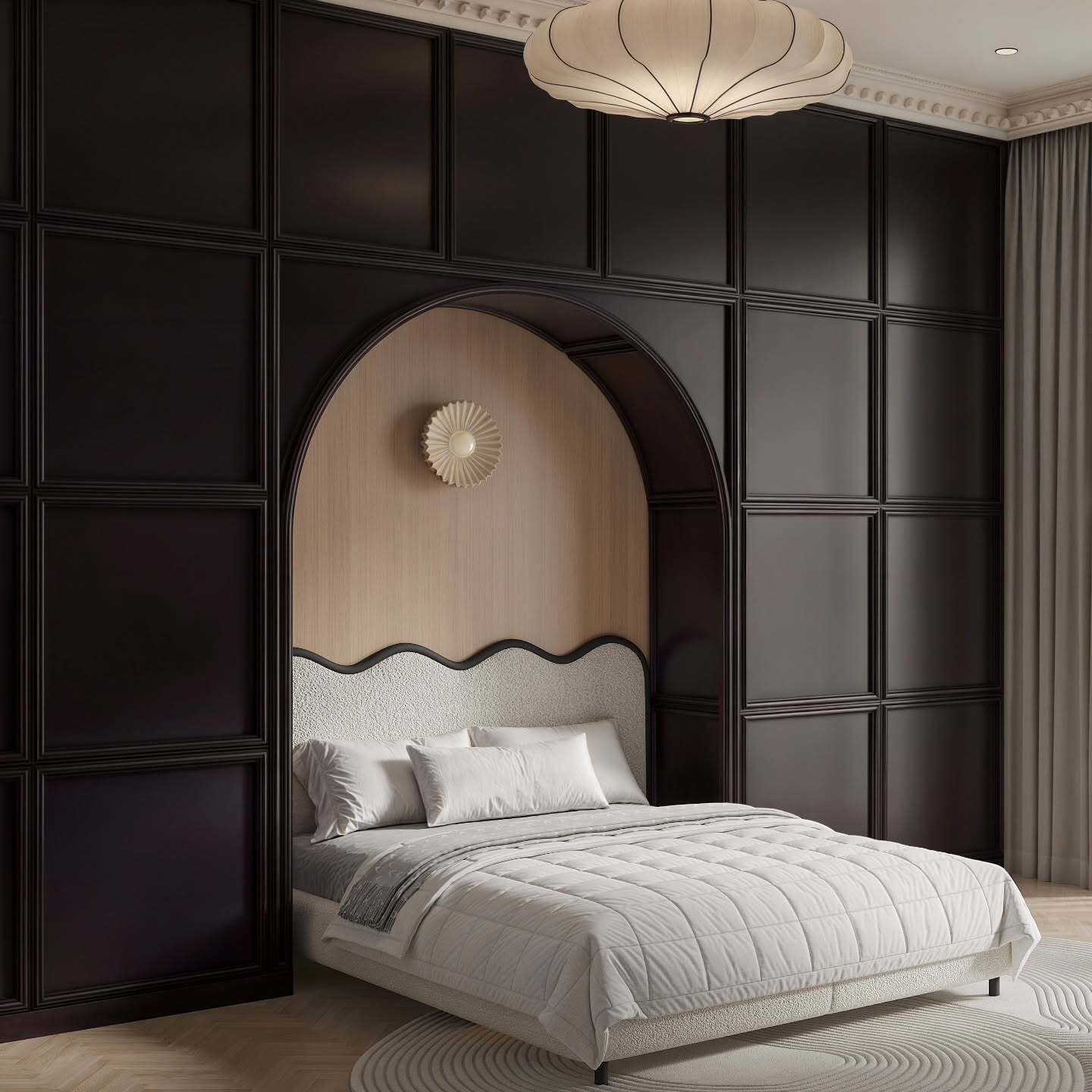 Moody bedroom ideas: dark walls, soft lighting, plush textures, elegant decor.