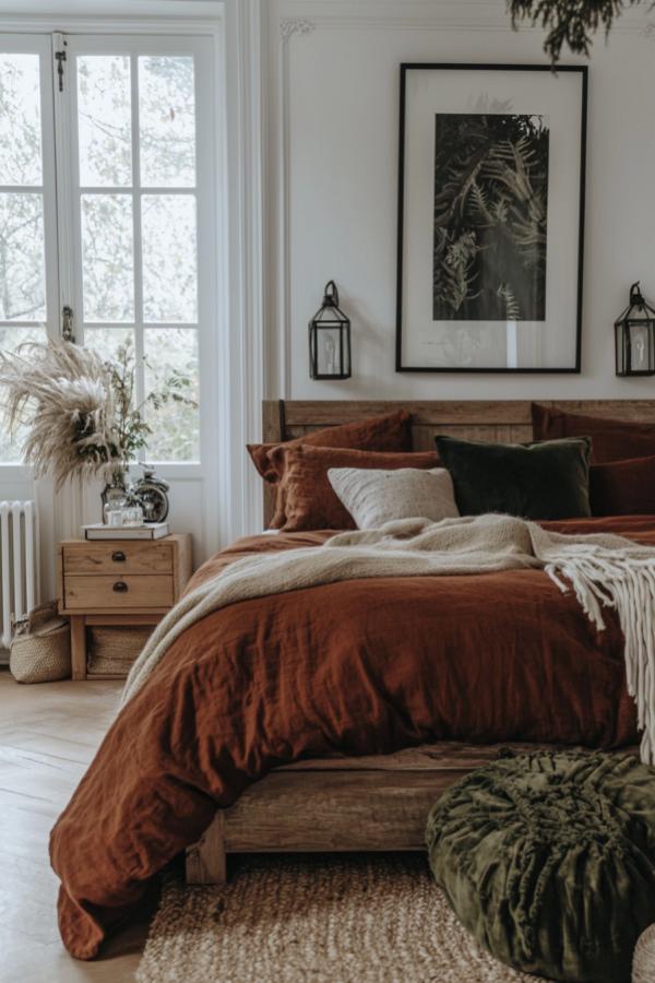 Rusty Warmth: Embrace cozy intimacy with moody bedroom ideas inspiration.