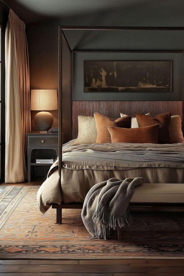 Golden illumination casts cozy glow in moody bedroom ideas setting.