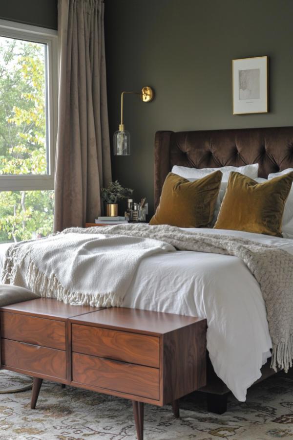 Velvet elegance enhances this serene space with moody bedroom ideas.