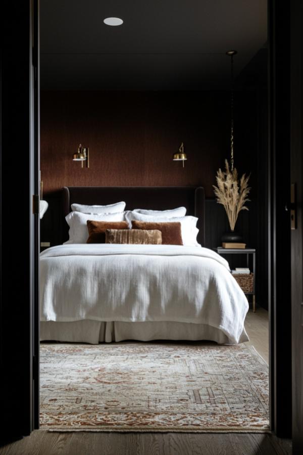 Moody bedroom ideas with velvet and chocolate create cozy elegance.