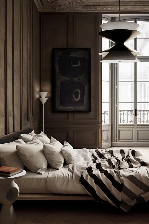 Soft shadows and stripes evoke moody bedroom ideas, whispering elegance.