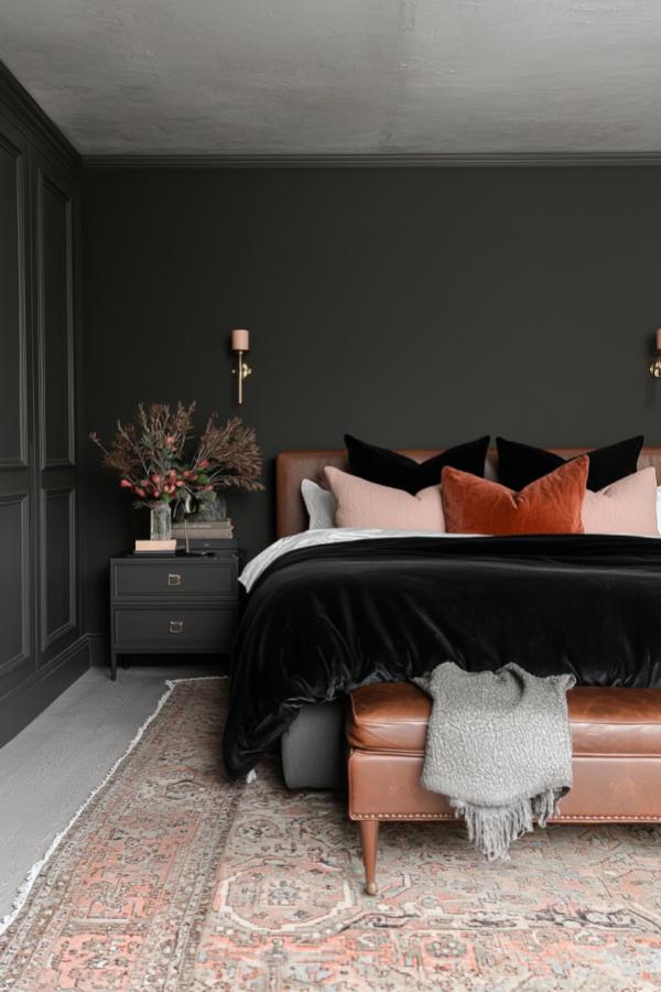 Velvety black bedding enhances moody bedroom ideas, inviting serene relaxation.