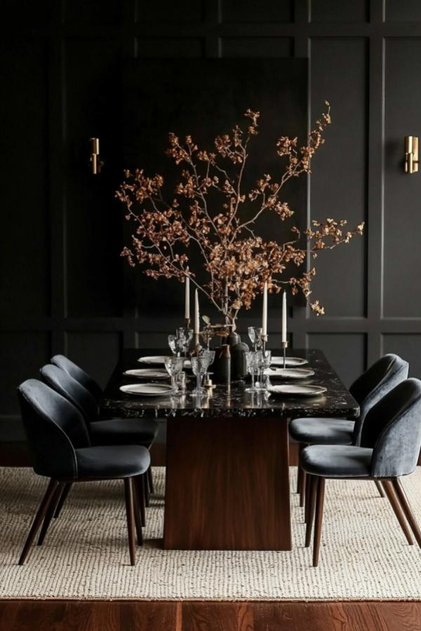 Moody dining room ideas: Velvet chairs, dim lighting, elegant, sophisticated atmosphere.