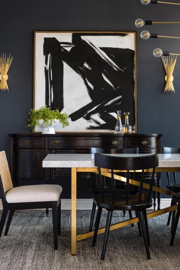 Moody dining room ideas: dark ambiance, gold accents, elegant, cozy atmosphere.