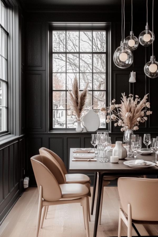 Pendant lights cast a warm glow, enhancing moody dining room ideas.