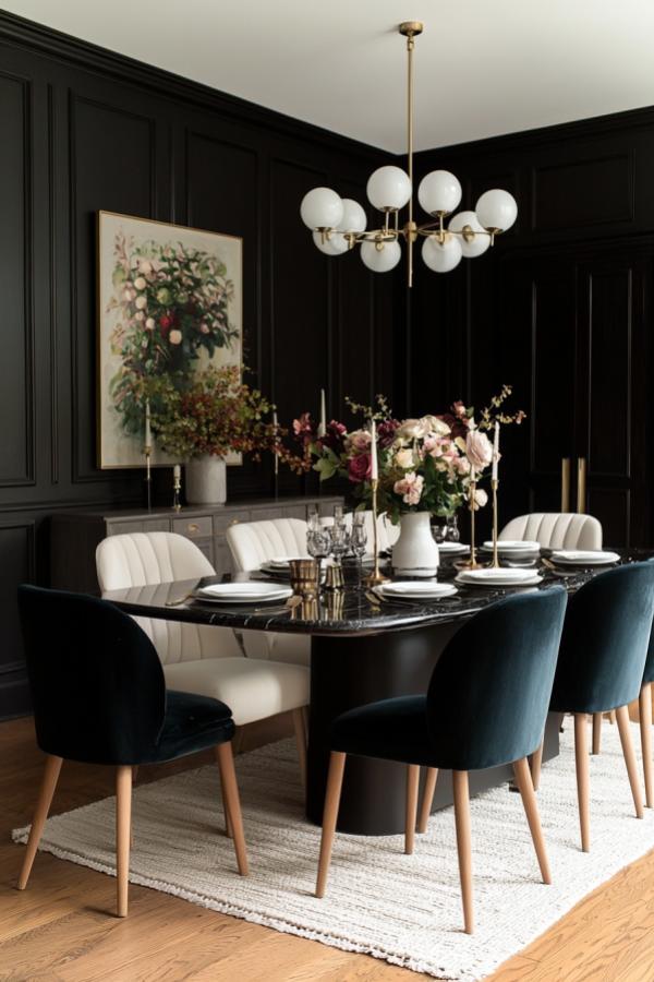 Elegant dining room: moody dining room ideas, striking chandelier centerpiece.