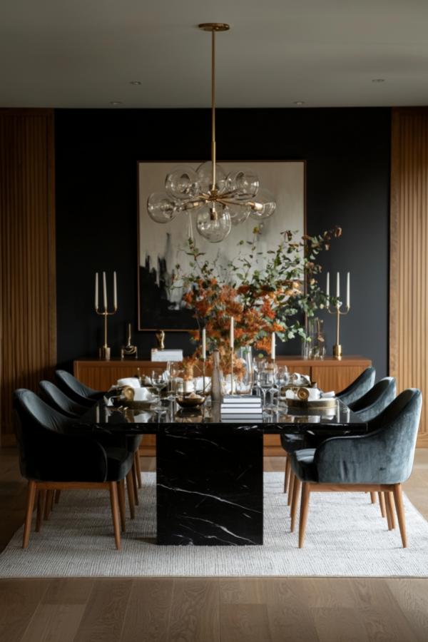 Moody dining room with velvet chairs, showcasing elegant, dimmed, atmospheric style. Moody dining room ideas abound.