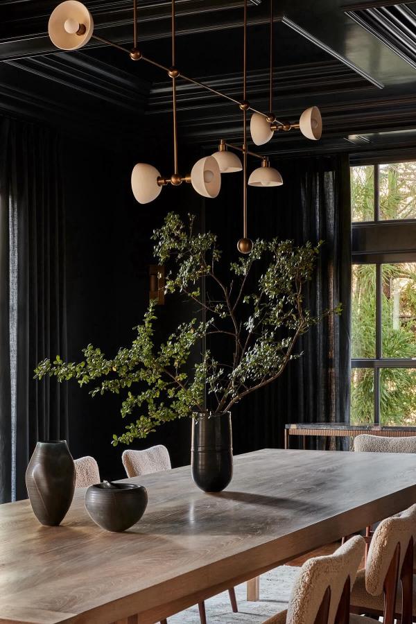 Moody dining room with striking lighting fixture; explore moody dining room ideas.