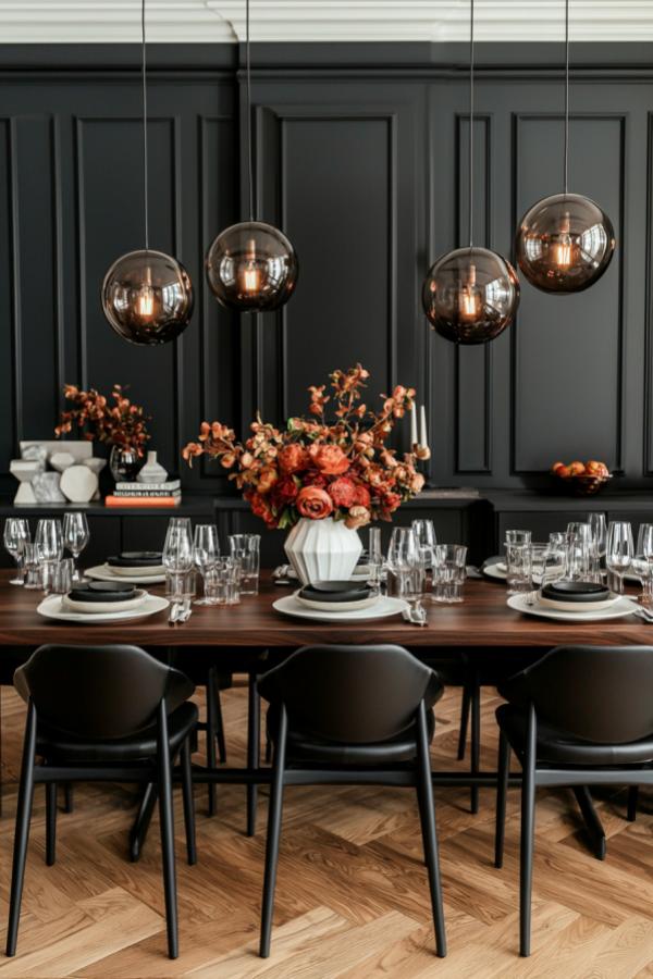 Moody dining room ideas with a wooden dining table centerpiece.