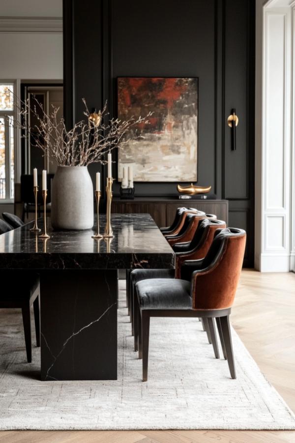 Moody dining room ideas: polished marble table, dim lighting, elegant decor.