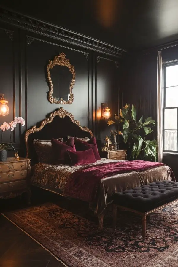Dimly lit bedroom with plush bedding, flickering candles, and rose petals.