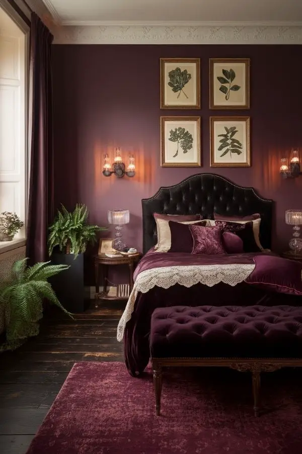 Moody romantic bedroom with dim lighting, silk sheets, and candles.