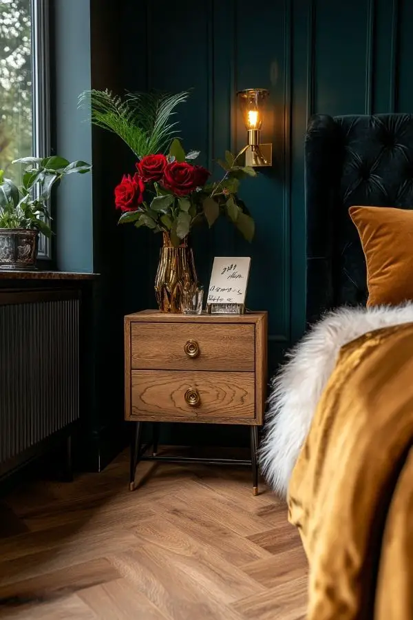 A dimly lit room with plush velvet bedding and soft candlelight.