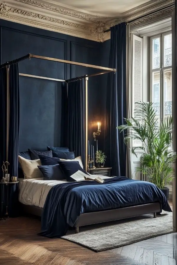 Dimly lit bedroom with vintage decor, plush bedding, and candles.