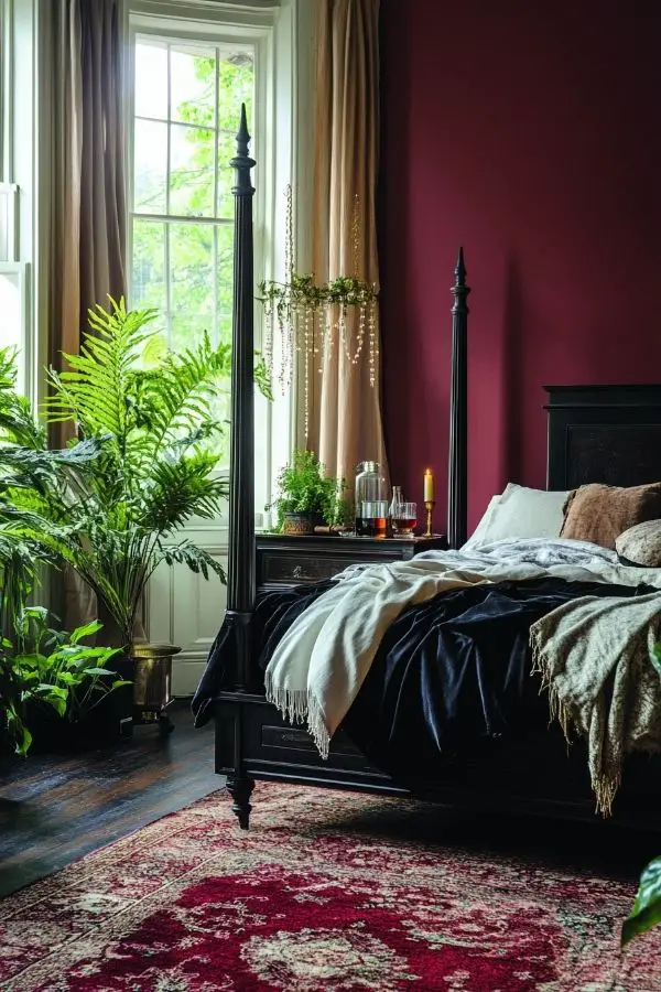 Dimly lit bedroom with plush pillows, sheer curtains, and candles.