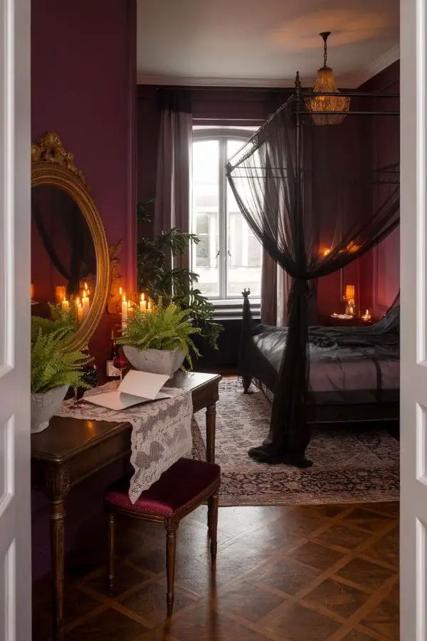 Dimly lit bedroom with soft textures and a cozy atmosphere.