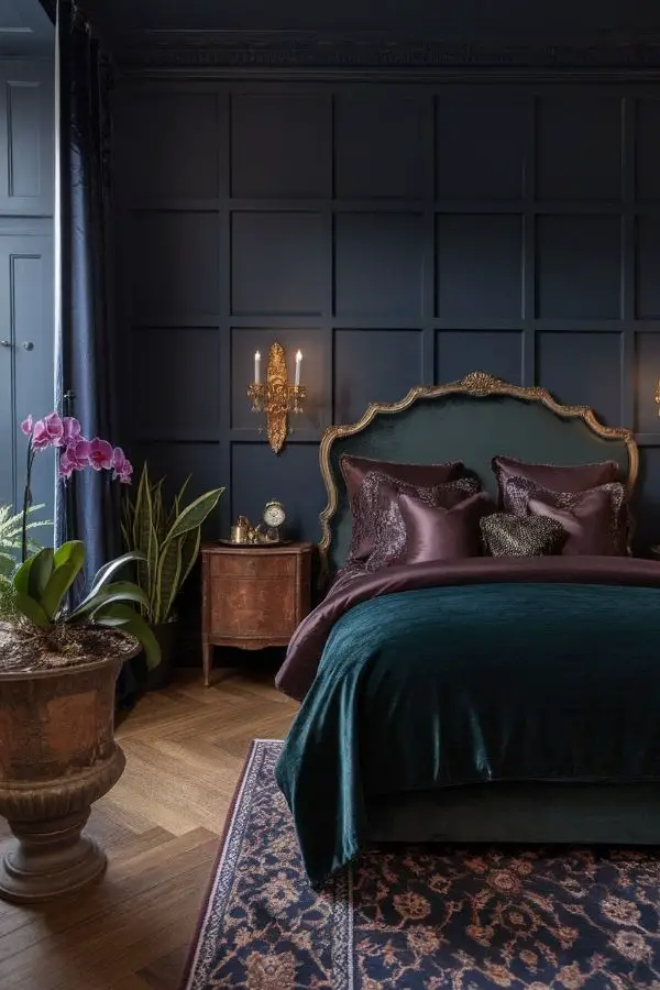 Moody romantic bedroom with soft lighting, plush bedding, and candles.