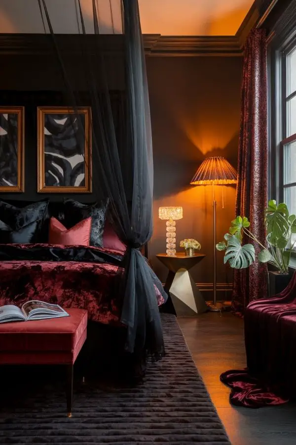 Moody romantic bedroom with dim lighting, plush drapes, and candles.