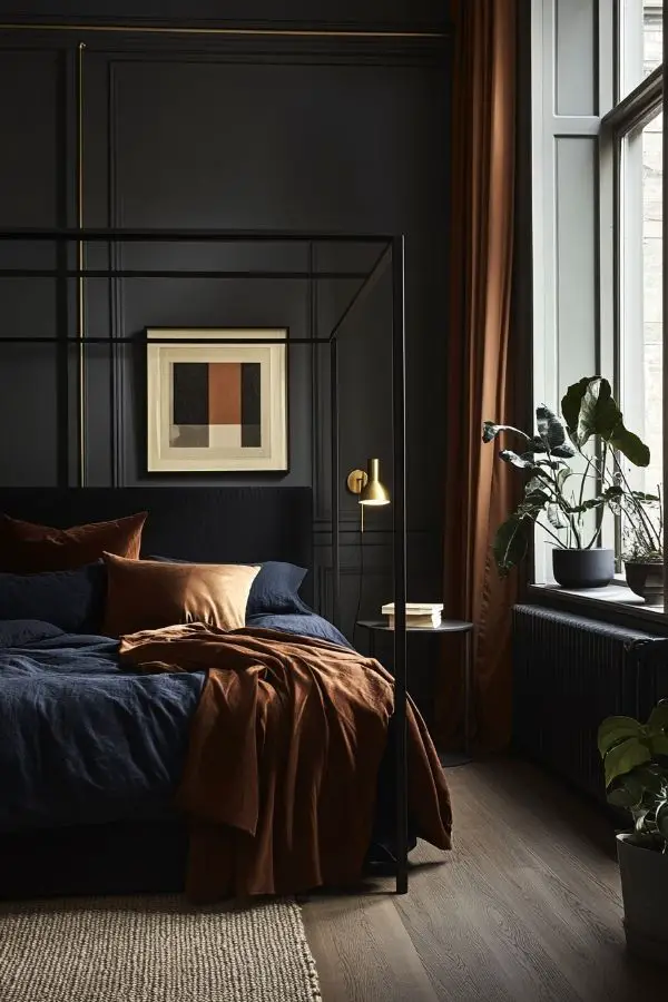Moody romantic bedroom with dim lighting, velvet drapes, and candles.