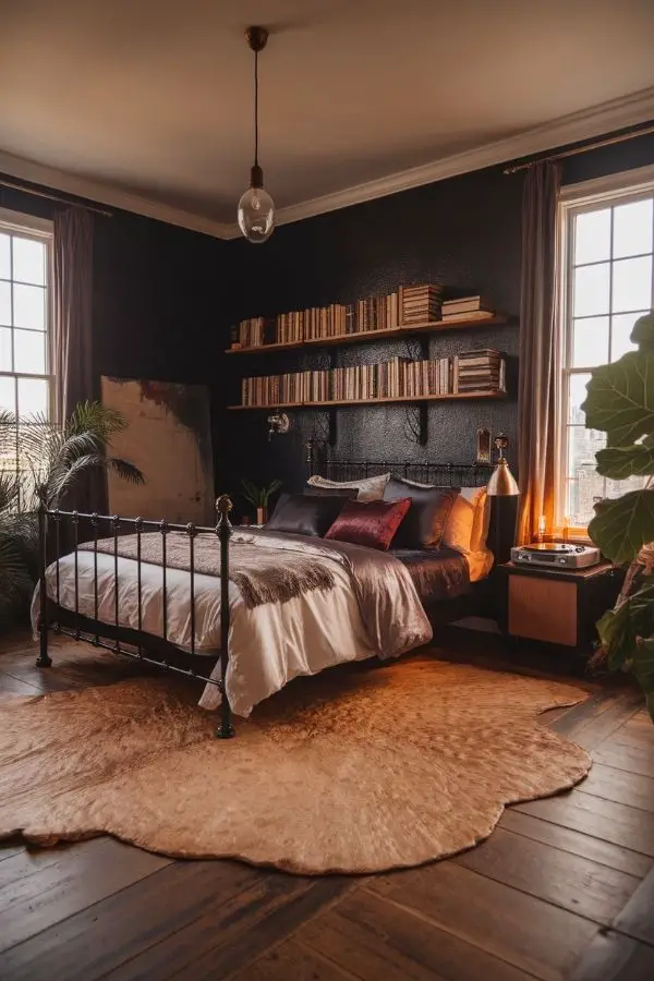 Moody romantic bedroom with dim lighting, plush bedding, and candles.