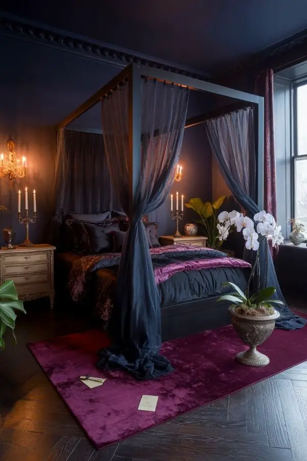 Dimly lit bedroom with plush pillows, candles, and soft drapery.