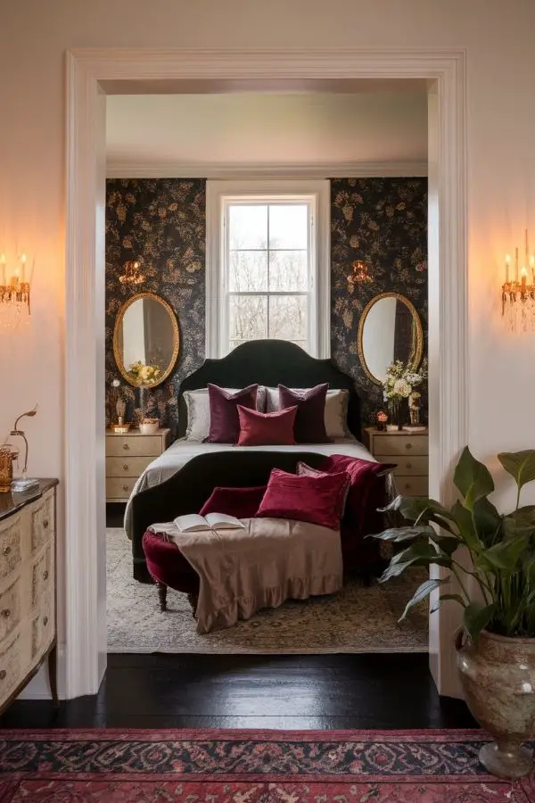 Moody romantic bedroom with dim lighting, plush bedding, soft textures, candles.