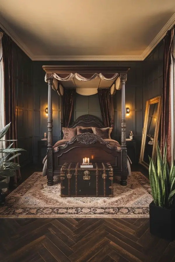 Moody romantic bedroom with soft lighting, lush fabrics, and candles.