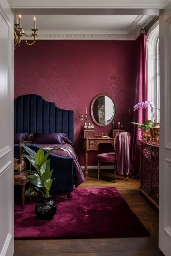 Dimly lit room with sheer curtains and rose petals scattered.