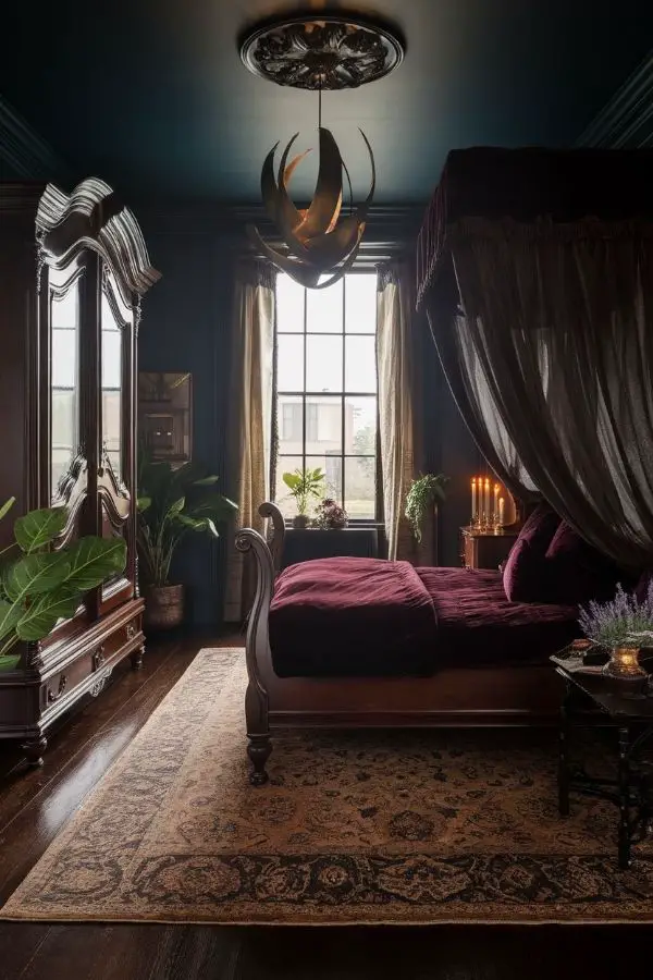 Warm, dim lighting, soft textures, vintage decor, inviting atmosphere.