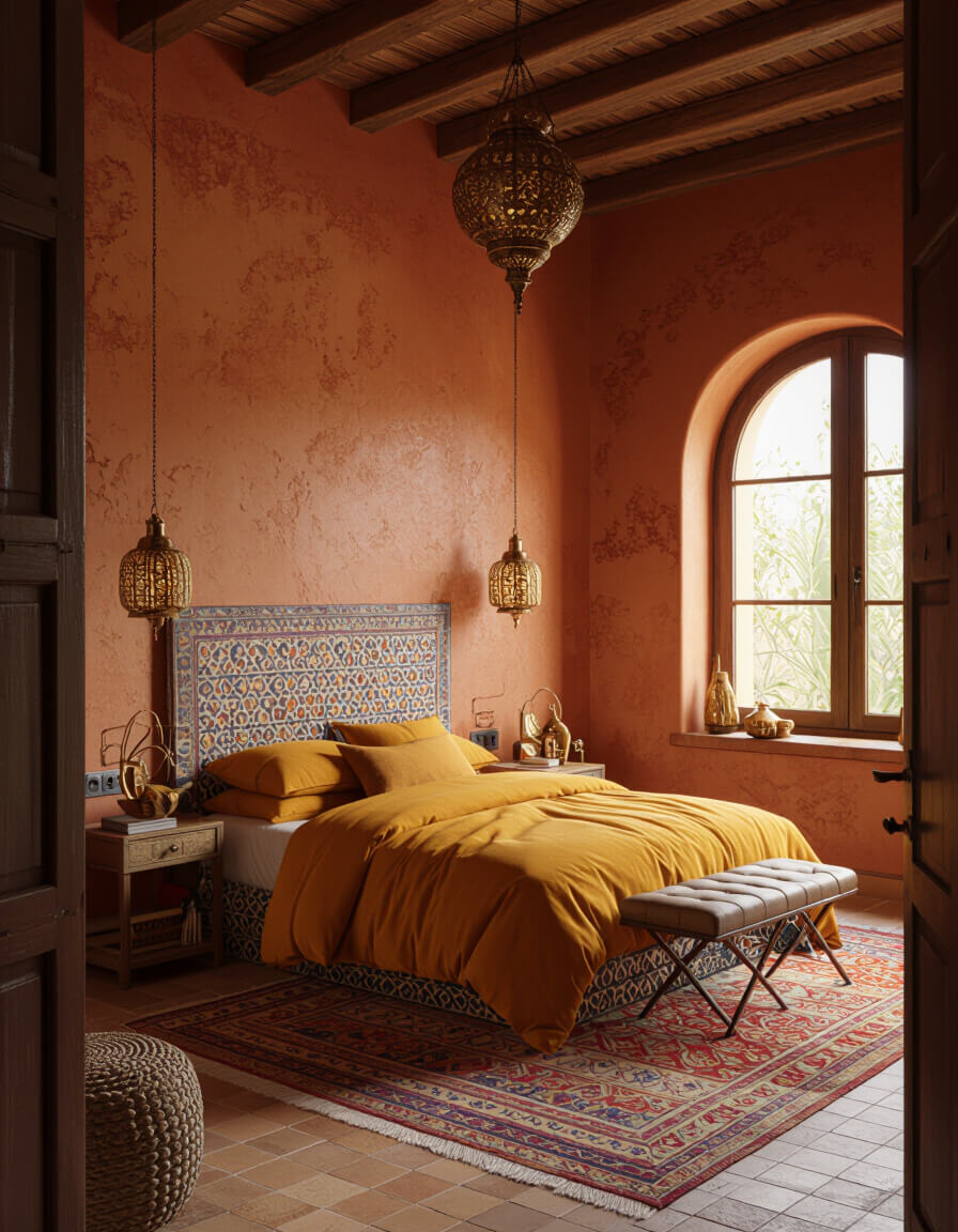 Moroccan spice market inspired bedroom featuring warm terracotta walls, brass lighting fixtures, and golden saffron bedding for vibrant colorful bedroom design