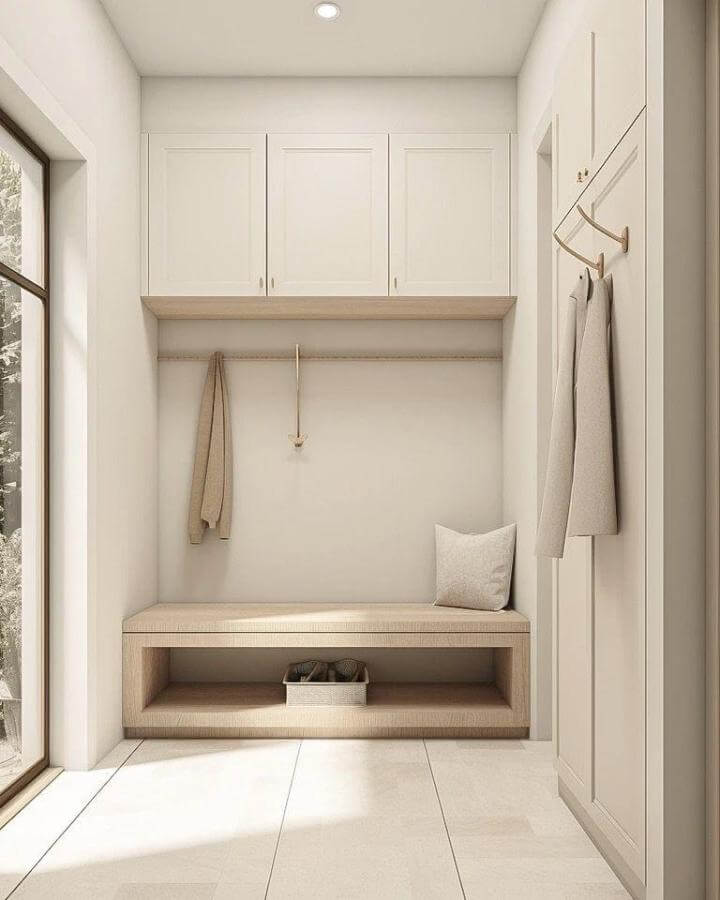 Light beige moisture-resistant tile flooring in a bright mudroom by @elizabethhalesdesign with natural wood bench and white cabinetry.