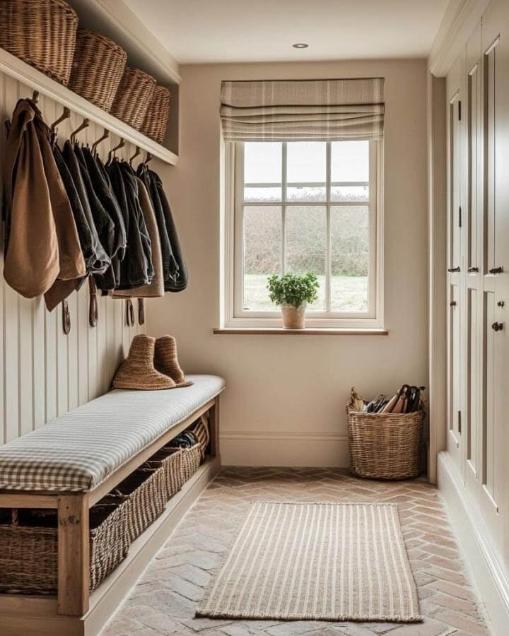 Warm brick flooring in a cozy mudroom by @charlottewhiteinteriors with a striped rug and natural woven baskets.