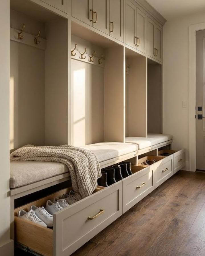 Beige built-in drawers with brass handles and cushioned bench from @csjoinery.uk showing organized mudroom shoe storage ideas with pull-out compartments.