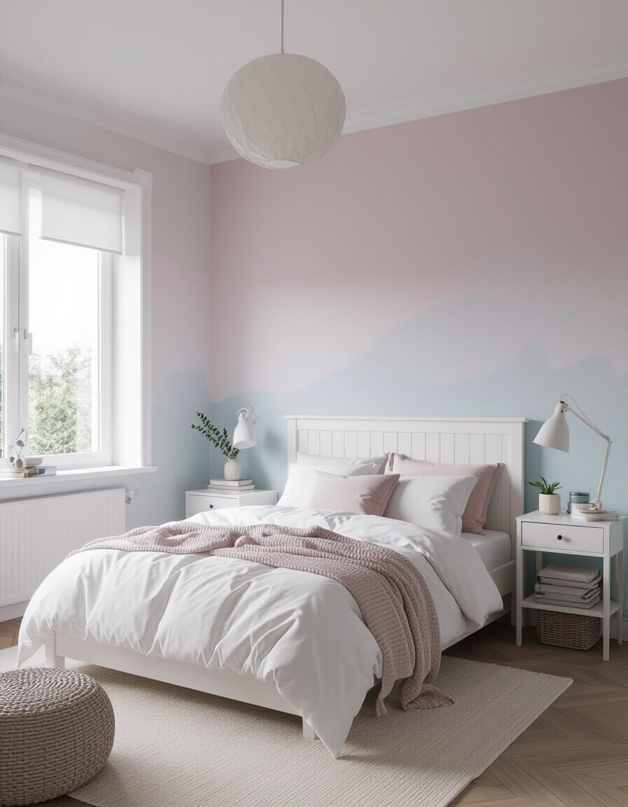 Dreamy bedroom featuring multi pastel ombre wall gradient from pink to lavender to blue with white furniture and bedding showcasing pastel bedroom ideas