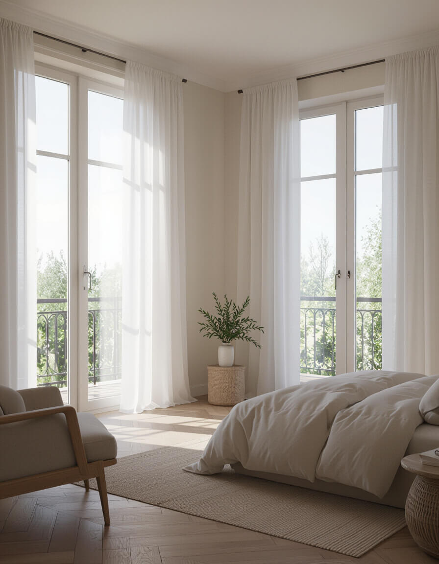 Minimalist bedroom with natural light streaming through floor-to-ceiling sheer curtains onto pale cream walls showcasing bright airy atmosphere